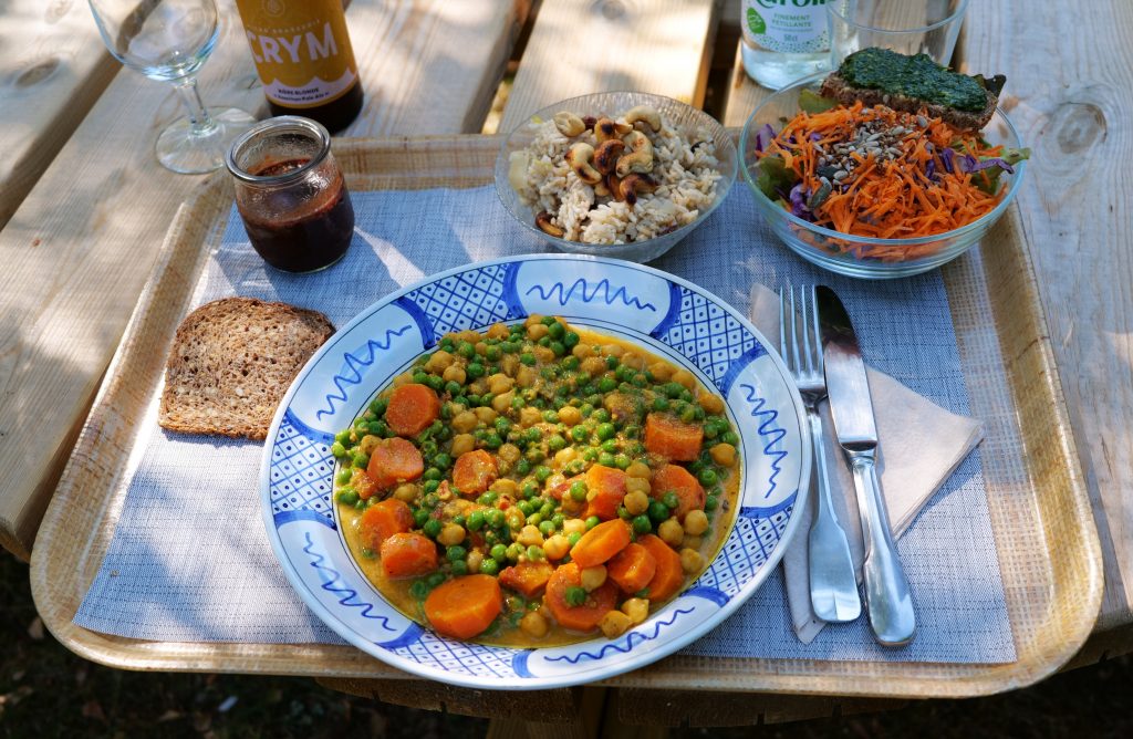 Curry de petits pois, riz pilaf aux fruits secs et épices, salade de crudités du jardin, toast au pesto d'ail des ours maison, mi-cuit au chocolat